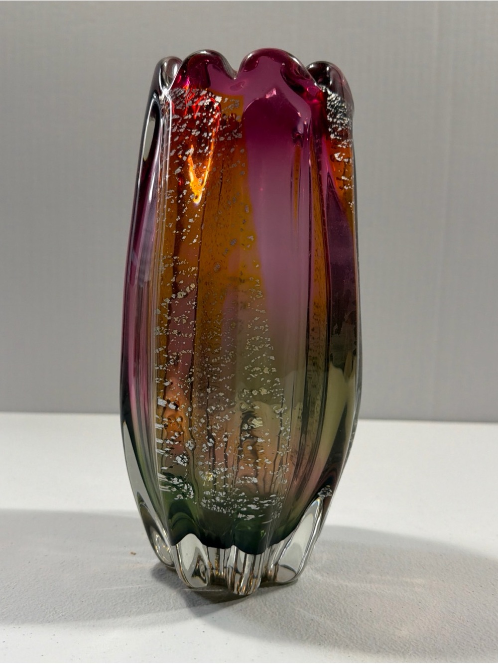 Sanyu Narumi Art Glass Japan Amber / Sommerso 9" Vase Pop Art Colors Adventurine